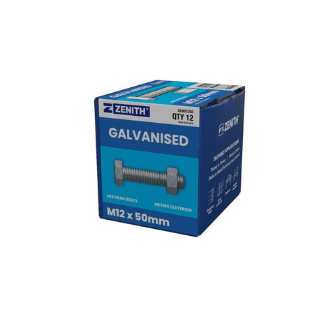 Zenith M12 x 50mm Hot Dip Galvanised Hex Head Bolts and Nuts 12 Pack - SuperSaverAU - view 1