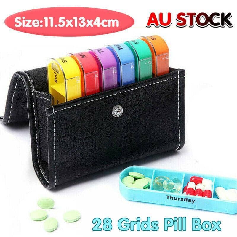 28 Grid 7 Day Weekly Pill Box Organiser - With PU Leather Travel Pouch