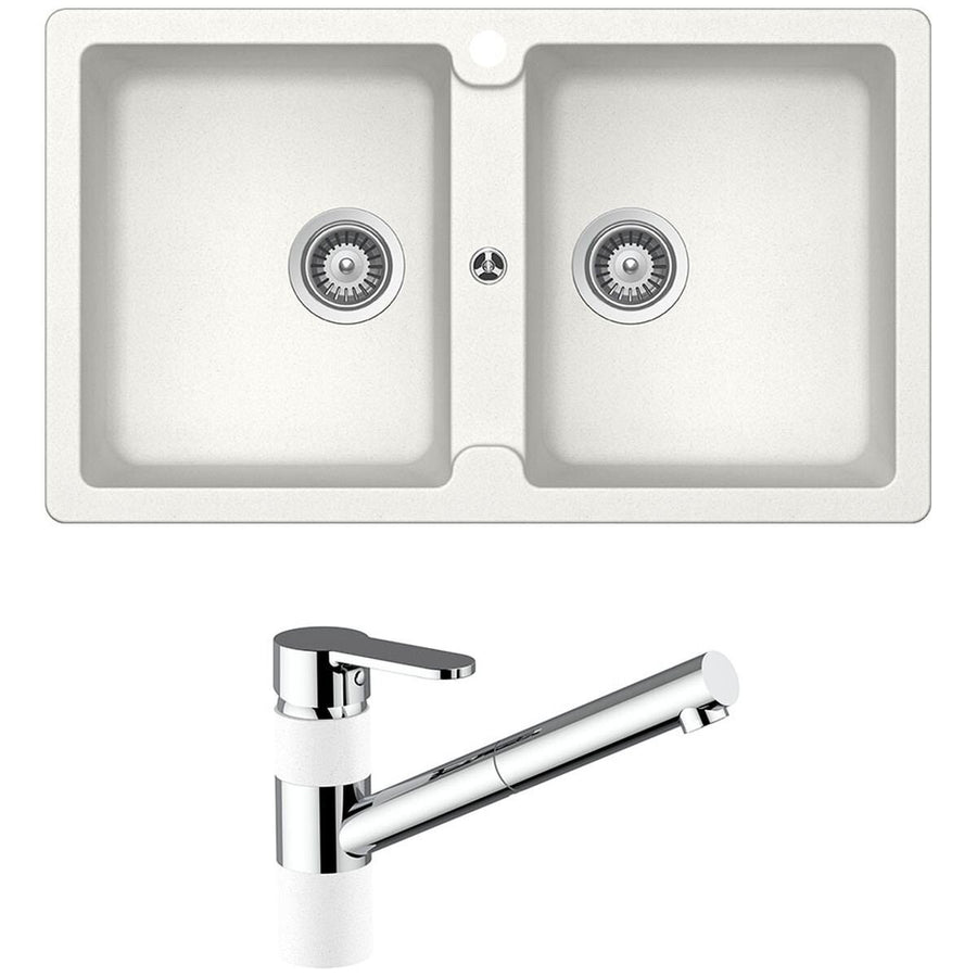Abey Schock Typos double sink and ISA pull out mixer tap - White finish, 5 star WELS - TN200T2W
