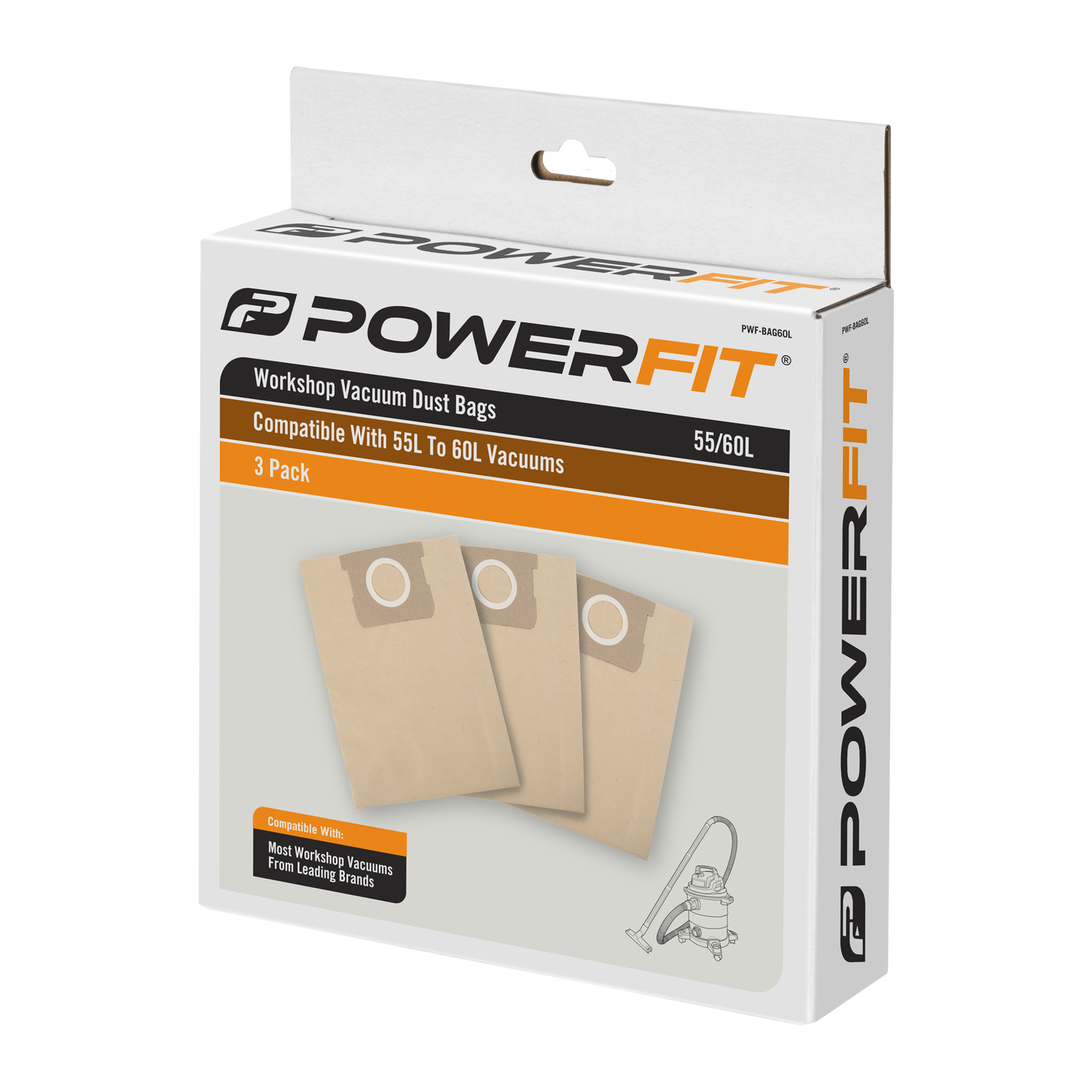 PowerFit 60L Paper Dust Bag, 3 Pack