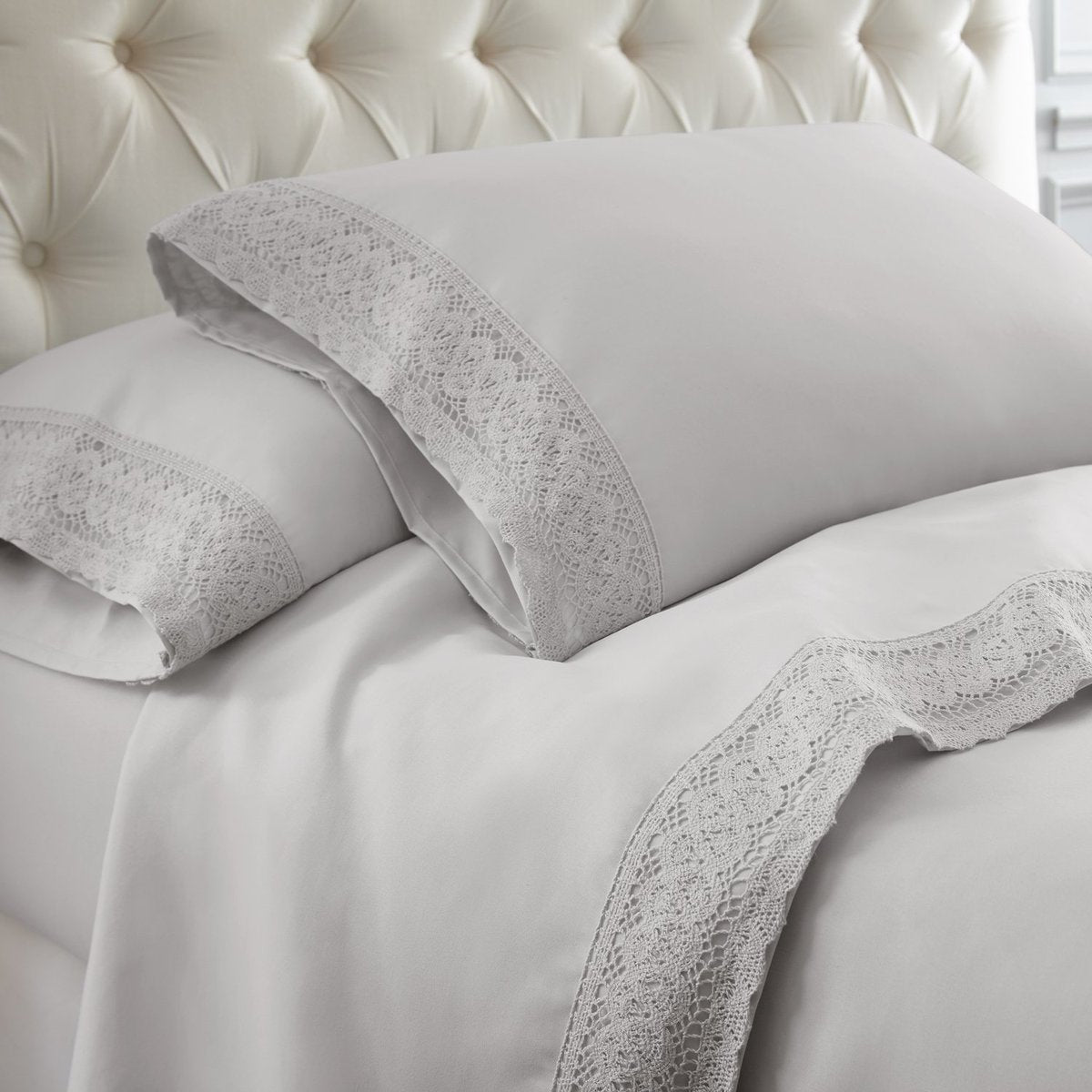 Kingtex 1500 Thread Count Crochet Lace Microfibre Sheet Set Single Silver/Silver - SuperSaverAU - view 1