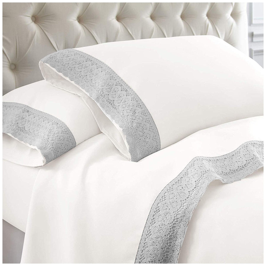 Kingtex 1500 Thread Count Crochet Lace Microfibre Sheet Set Single Silver/White - SuperSaverAU - view 1
