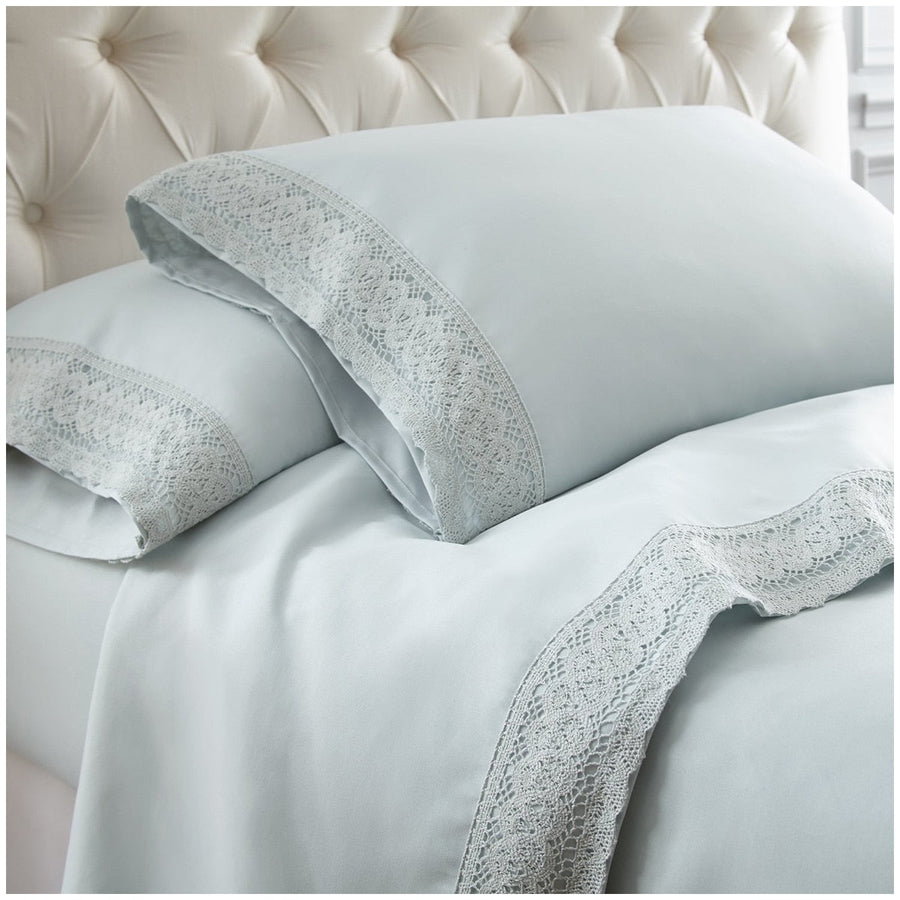 Kingtex 1500 Thread Count Crochet Lace Microfibre Sheet Set King Single Ice Blue/Ice Blue - SuperSaverAU - view 1