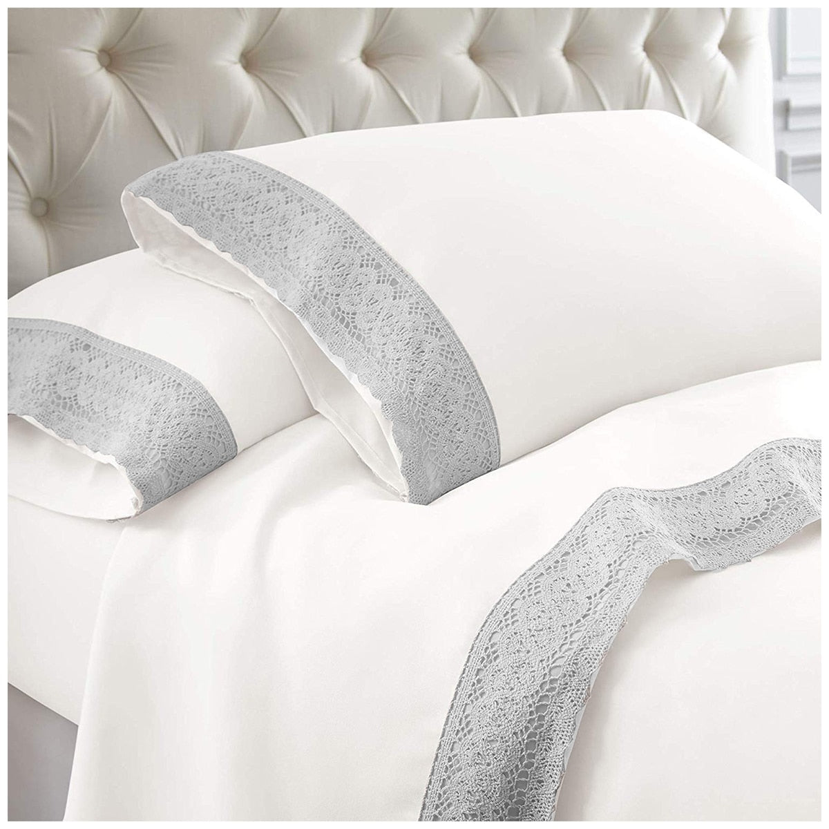 Kingtex 1500 Thread Count Crochet Lace Microfibre Sheet Set King Single Silver/White - SuperSaverAU - view 1