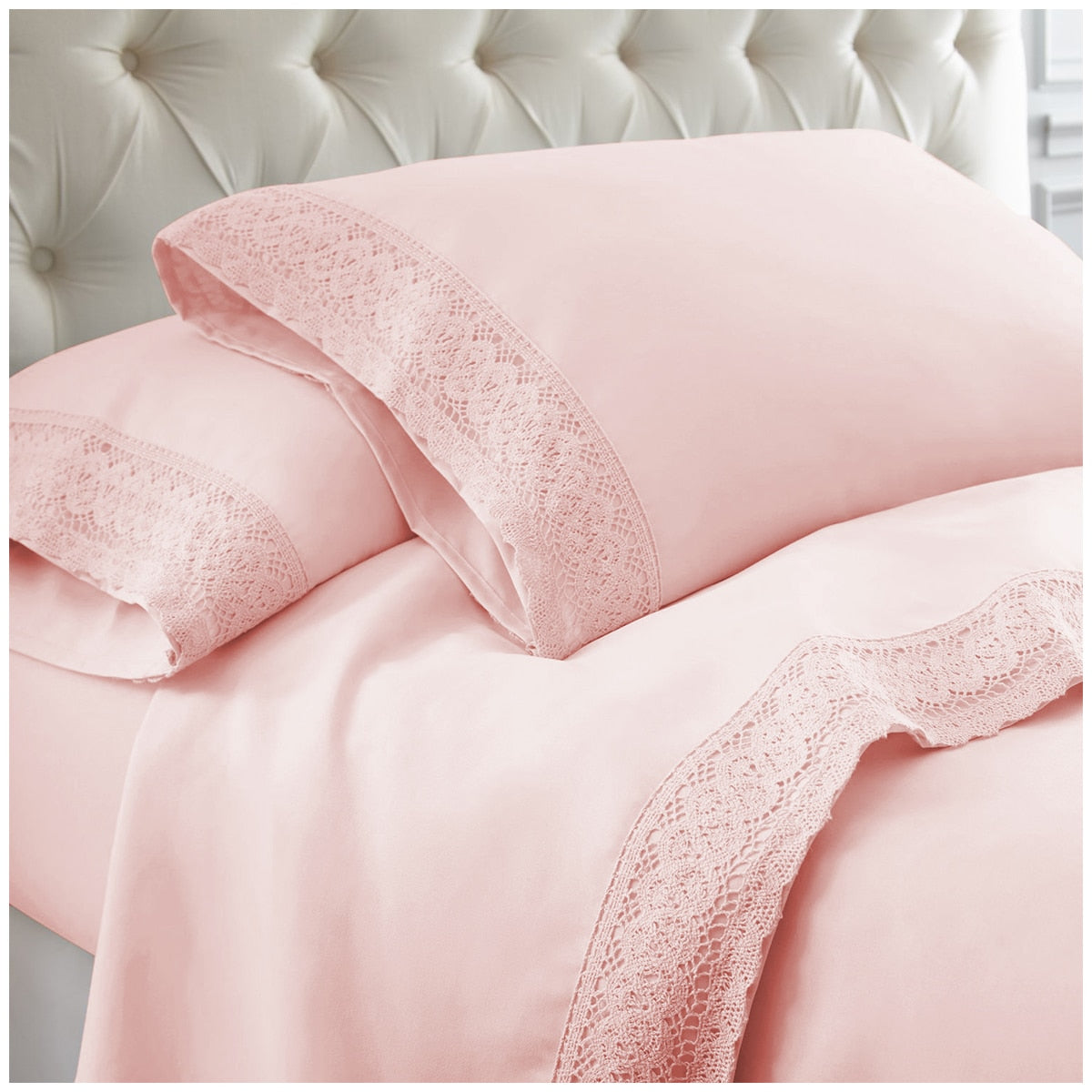 Kingtex 1500 Thread Count Crochet Lace Microfibre Sheet Set Double Rose Pink/ Rose Pink