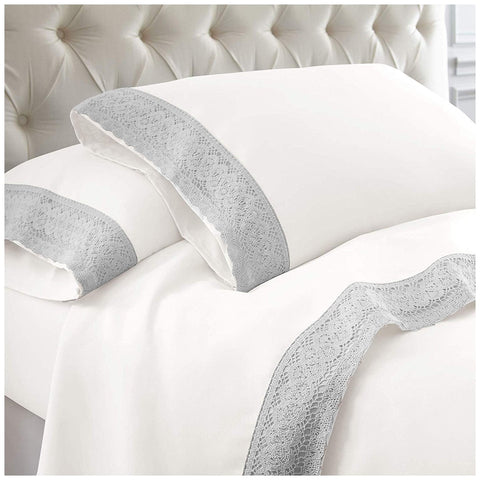 Kingtex 1500 Thread Count Crochet Lace Microfibre Sheet Set Double Silver/White - SuperSaverAU - view 1