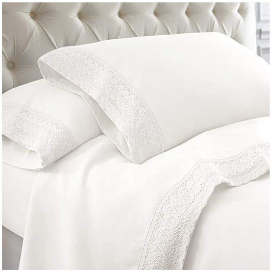 Kingtex 1500 Thread Count Crochet Lace Microfibre Sheet Set Double White/White