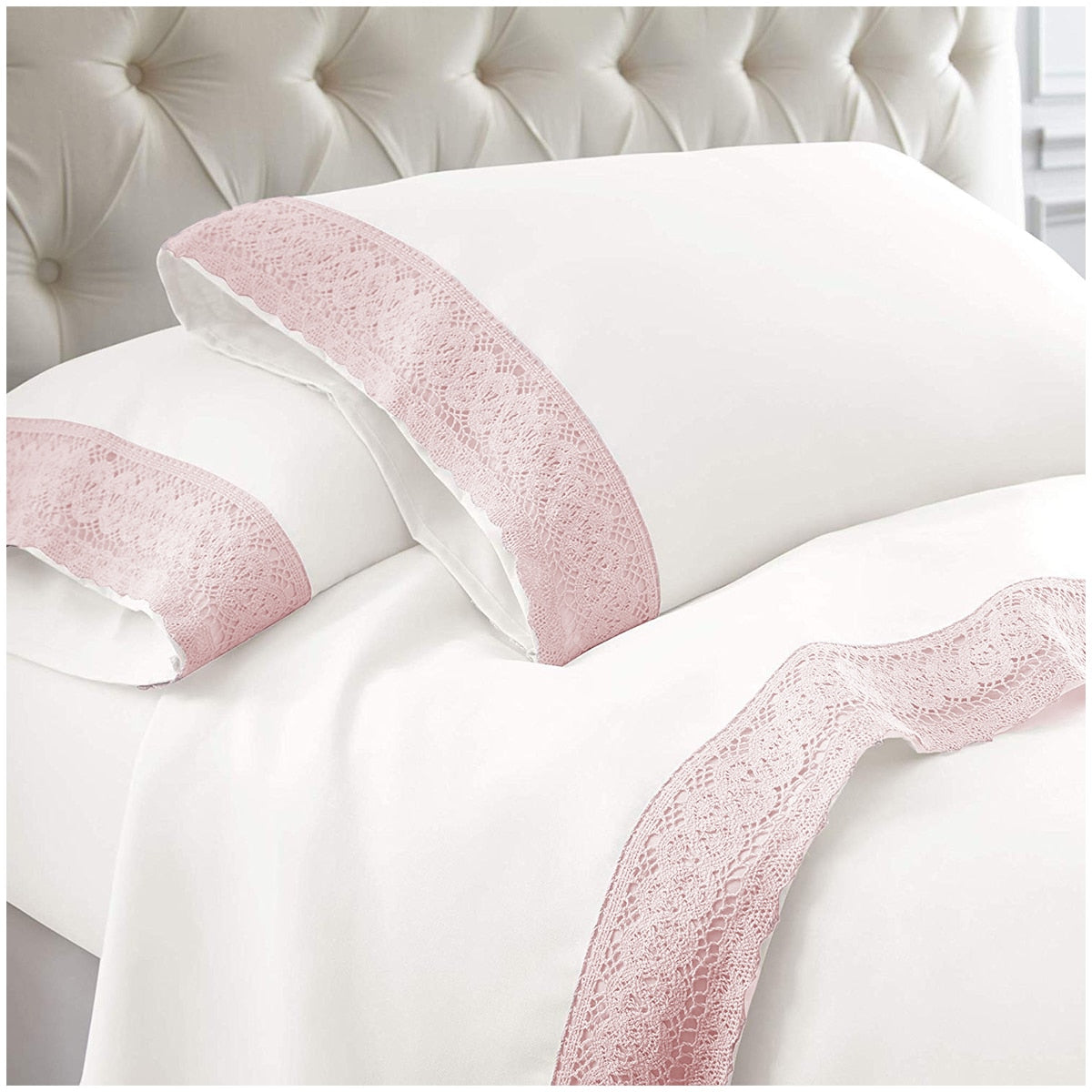 Kingtex 1500 Thread Count Crochet Lace Microfibre Sheet Set King Rose Pink/White