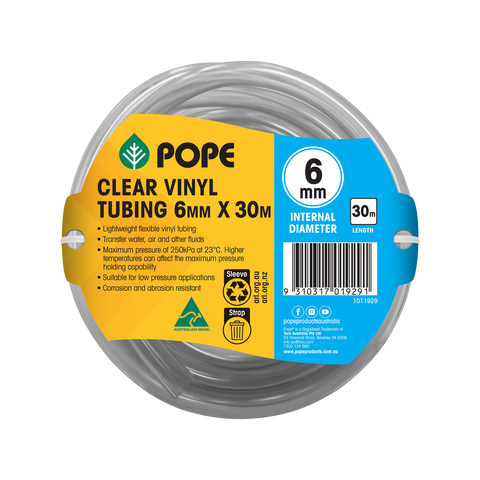 Pope 6mm x 30m Clear Vinyl Tubing - Food Grade Flexible PVC Hose