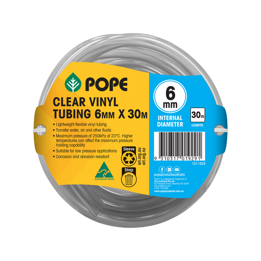 Pope 6mm x 30m Clear Vinyl Tubing - Food Grade Flexible PVC Hose