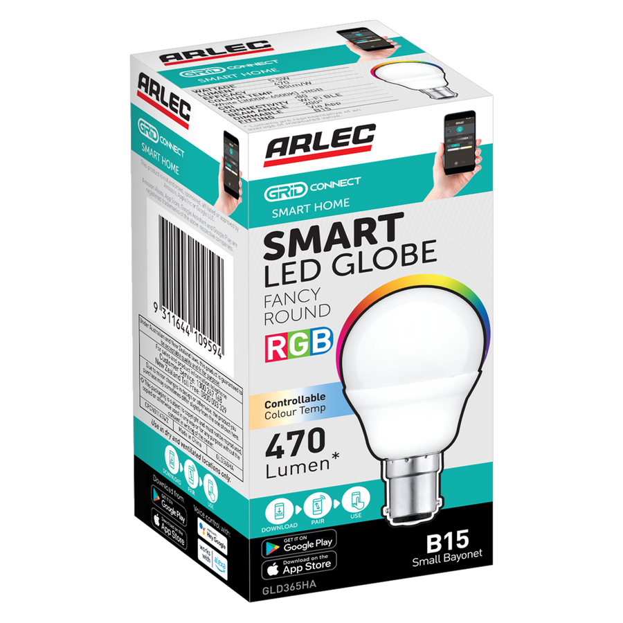 Arlec B15 LED 470lm 5.5W RGB Grid Connect Smart Fancy Round Globe (GLD365HA)