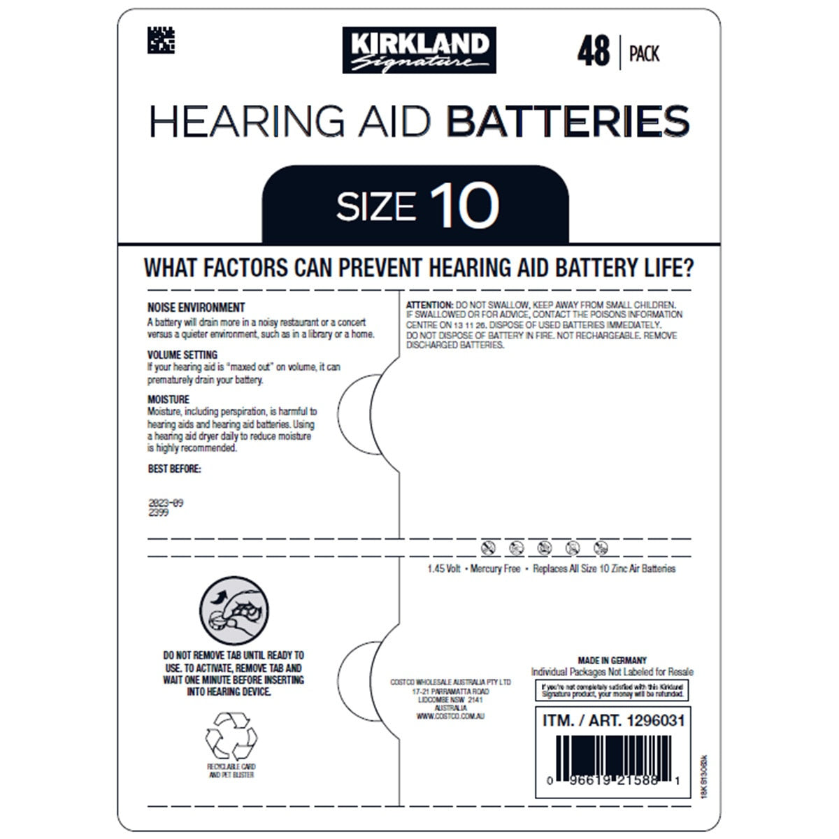 Kirkland Signature Hearing Aid Batteries Size 13 2 x 48 Pack