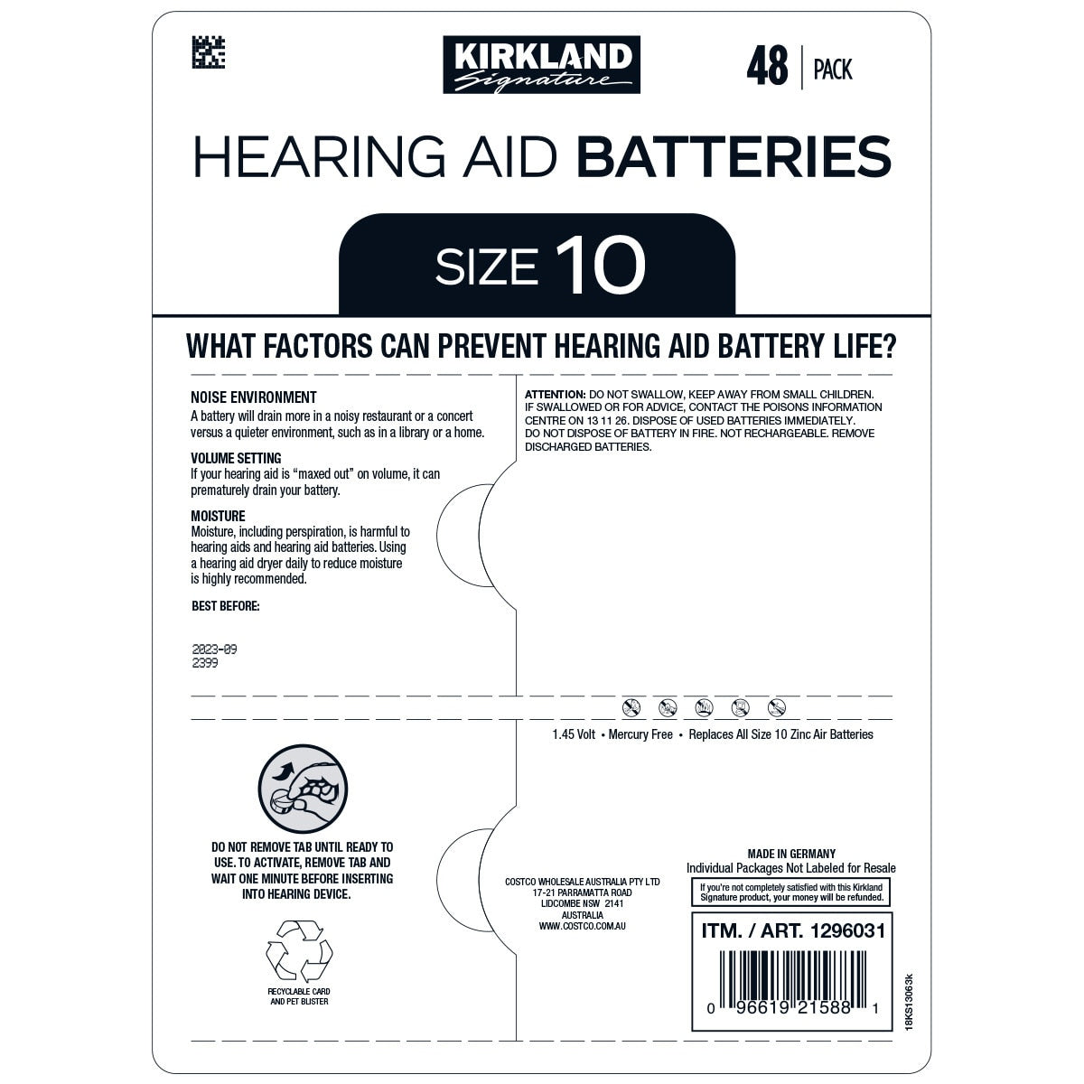 Kirkland Signature Hearing Aid Batteries Size 10 2 x 48 Pack - SuperSaverAU - view 2