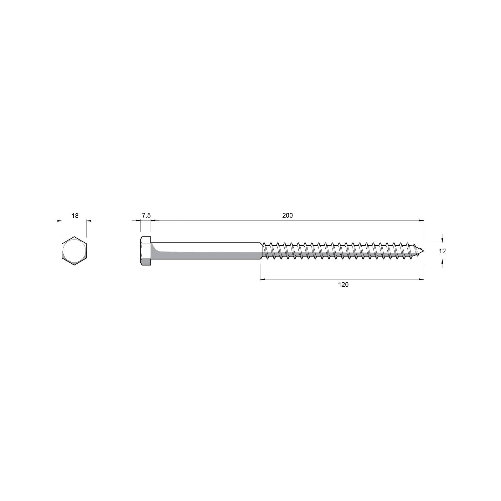 Zenith M12 x 200mm Hot Dip Galvanised Hex Head Coach Screw - Each