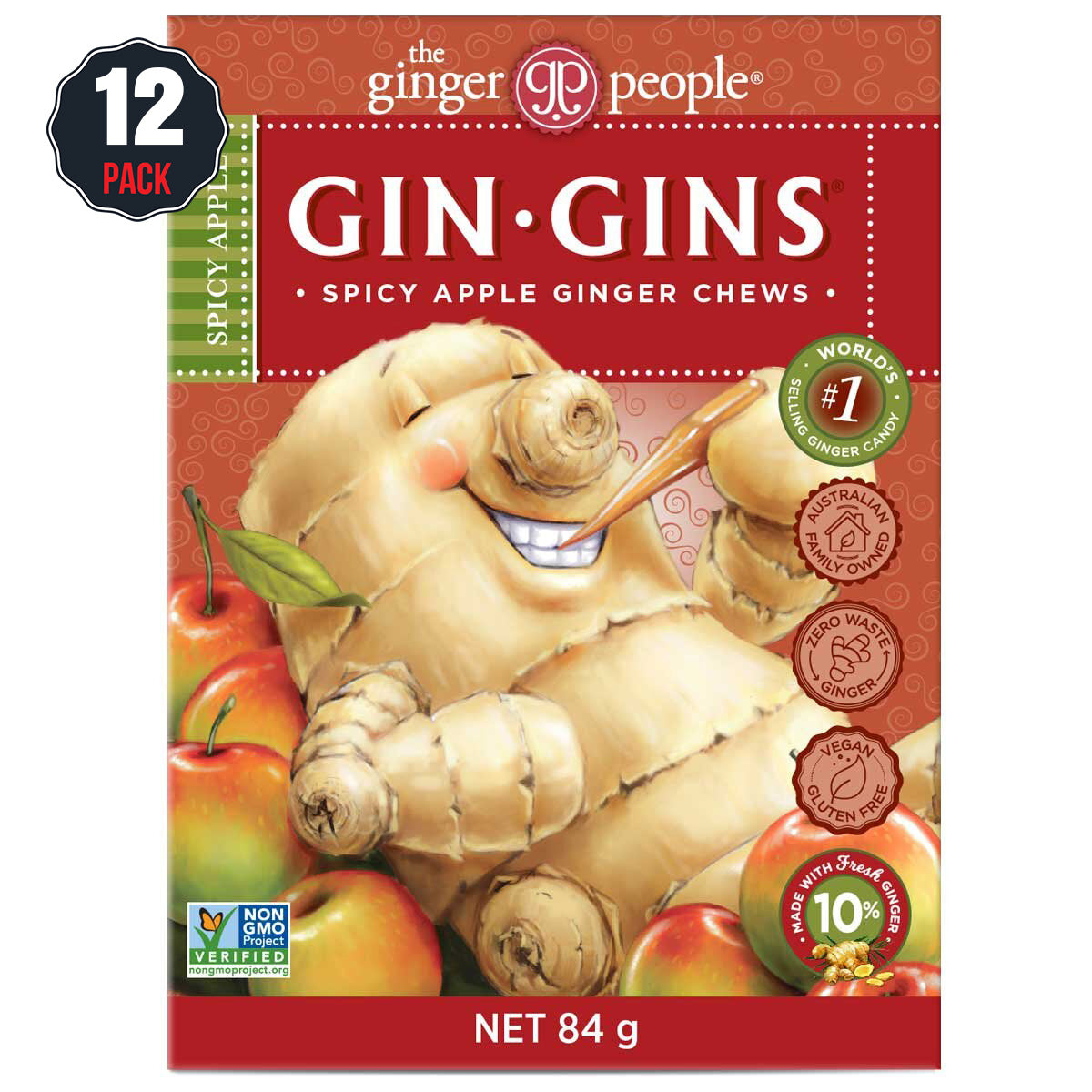 Gin Gins Spicy Apple Ginger Chews Candy 12 x 84g