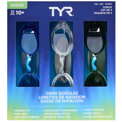 TYR Junior Boys Swim Goggles – 3 Pack (Anti-Fog & UV Protection)