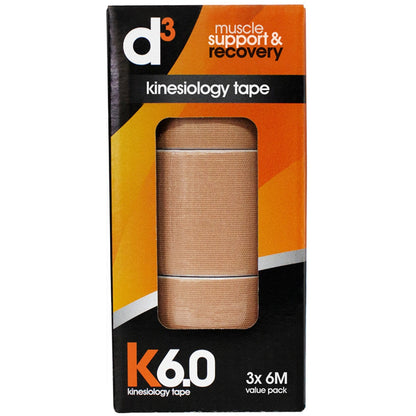 d3 K6.0 Kinesiology Tape 50mm x 6M x 3 Tapes Beige