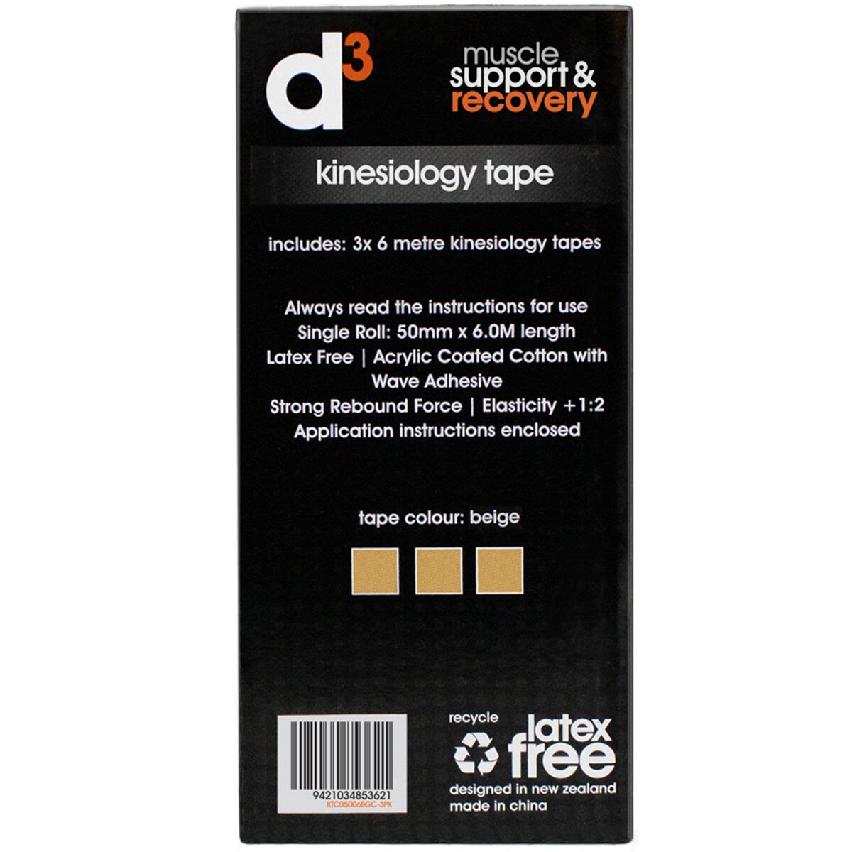 d3 K6.0 Kinesiology Tape 50mm x 6M x 3 Tapes Beige