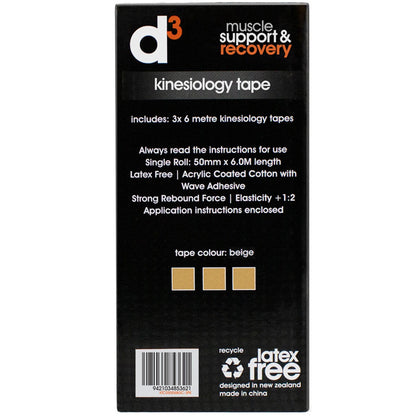 d3 K6.0 Kinesiology Tape 50mm x 6M x 3 Tapes Beige
