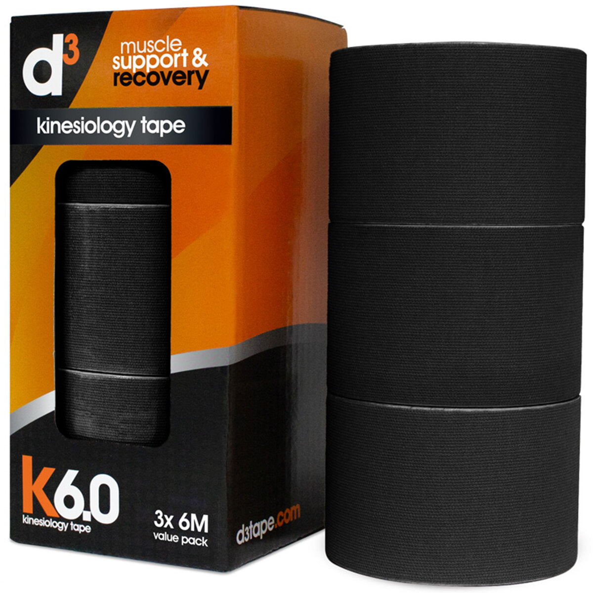 d3 K6.0 Kinesiology Tape 50mm x 6M x 3 Tapes Black - SuperSaverAU - view 1