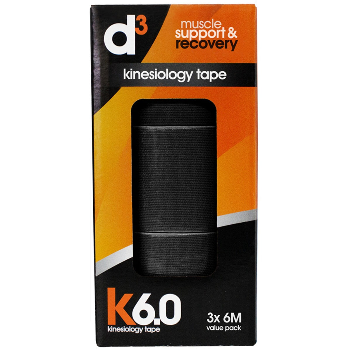 d3 K6.0 Kinesiology Tape 50mm x 6M x 3 Tapes Black - SuperSaverAU - view 2