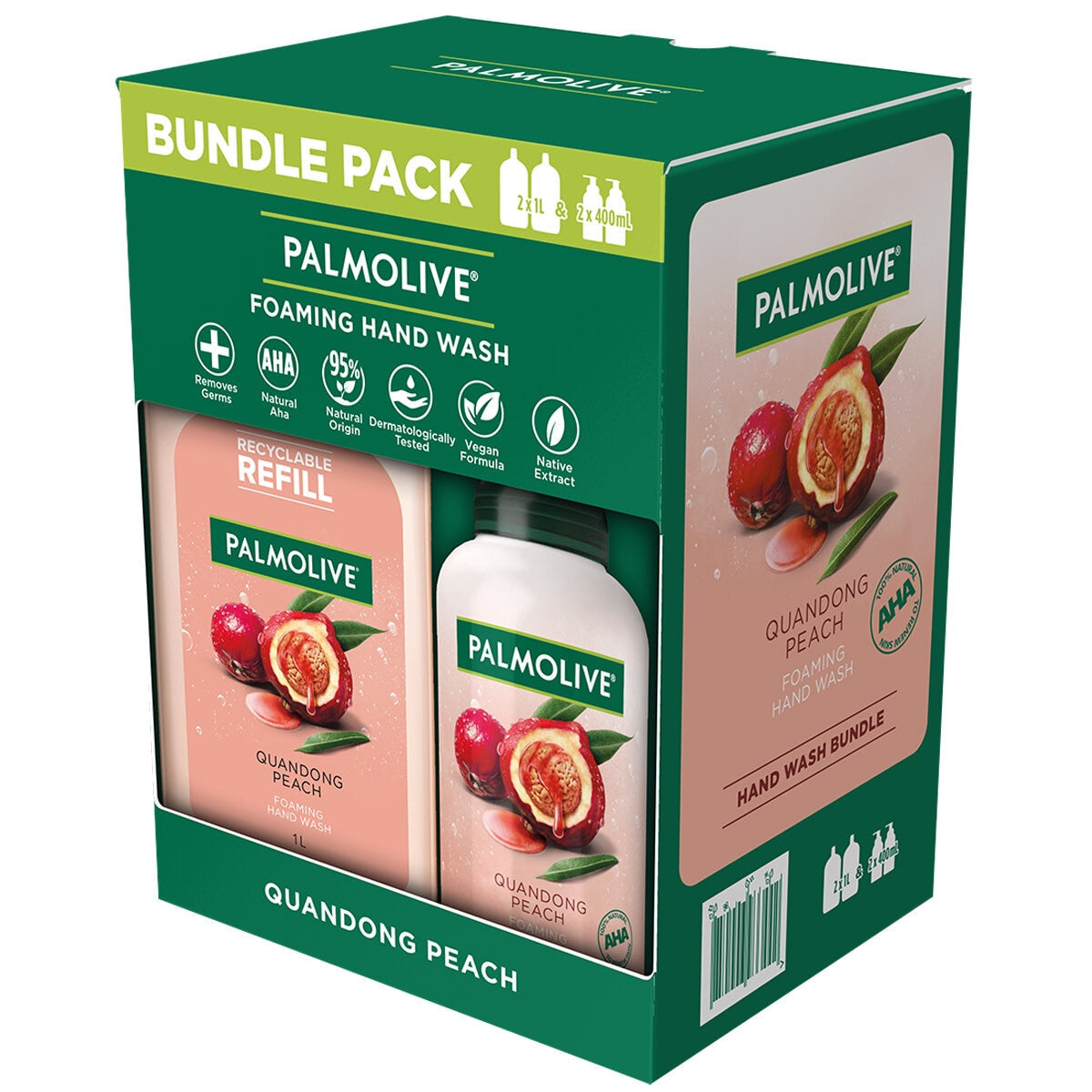 Palmolive Foaming Hand Wash Quandong Peach 2 x 1L & 2 x 400ml, 95% Natural Origin, Removes Germs, Vegan Formula