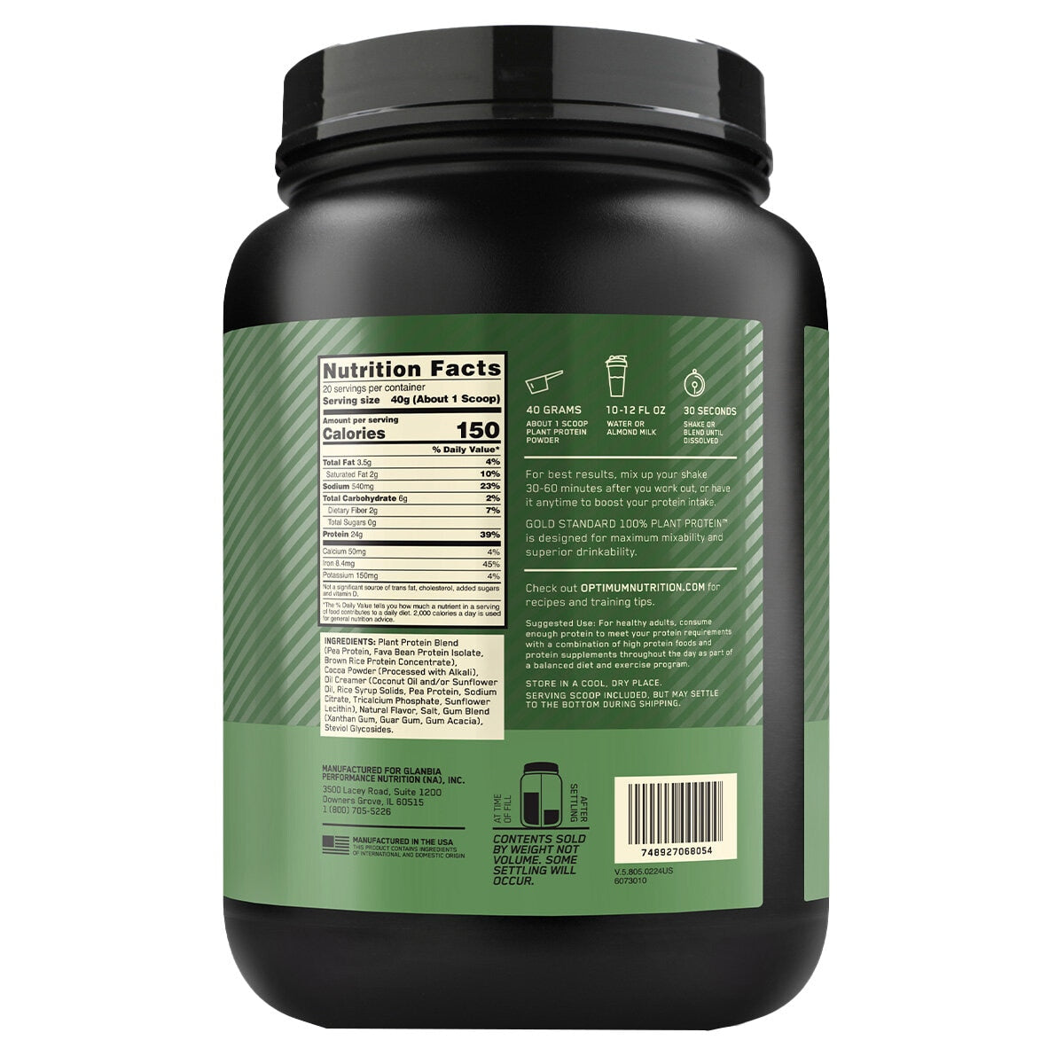 Optimum Nutrition Gold Standard 100% Plant Protein Rich Chocolate Fudge 800g - SuperSaverAU - view 3