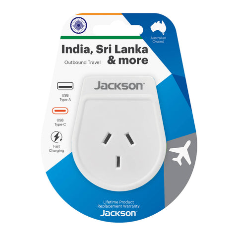 Jackson Outbound Slim USB-A & C Travel Adaptor - India, White