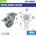 Easyroll Castor - 125mm - Grey Rubber - Heavy Duty Swivel Brake - SuperSaverAU - view 2