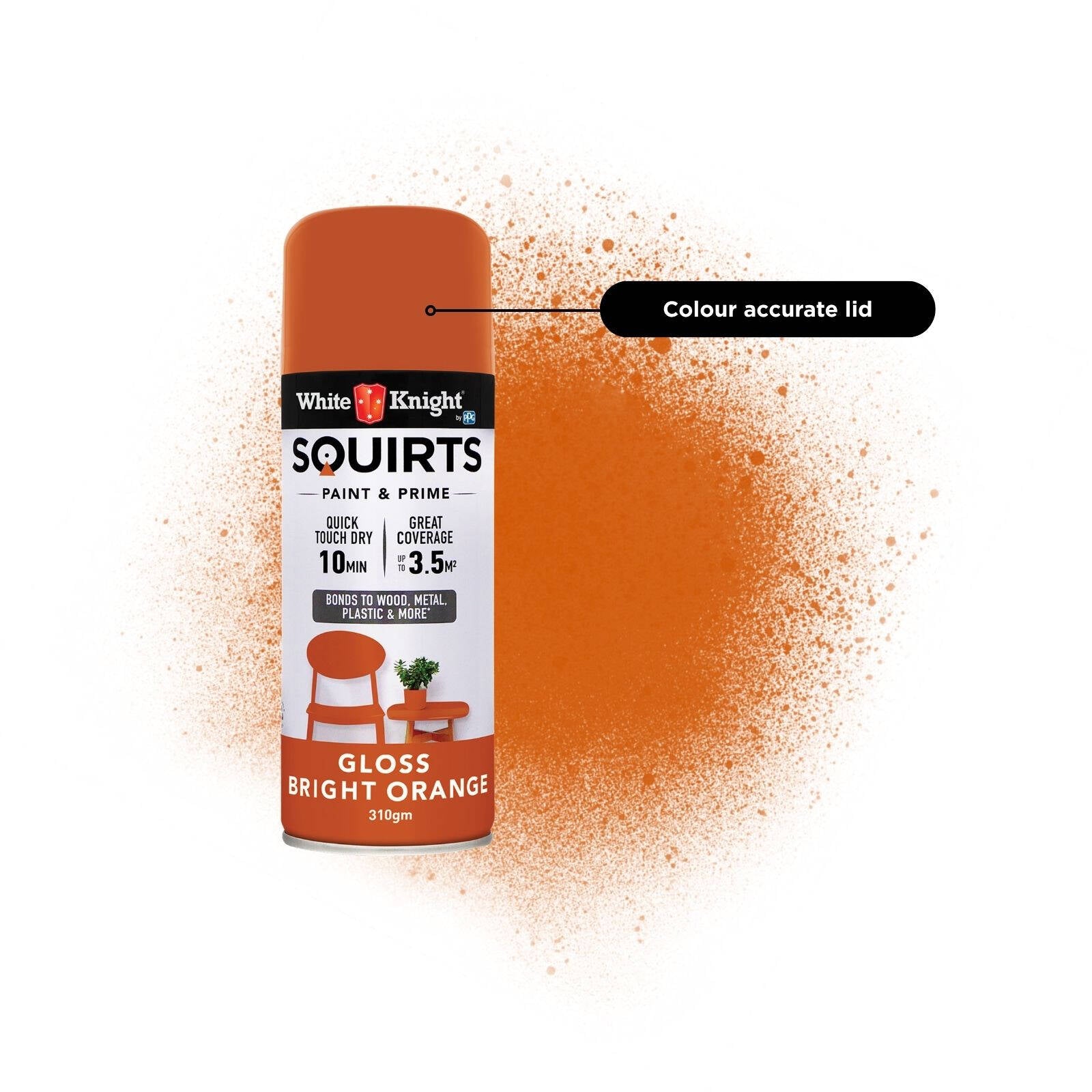 White Knight Squirts Bright Orange Gloss Spray Paint 310g - Solvent-Based, Waterproof