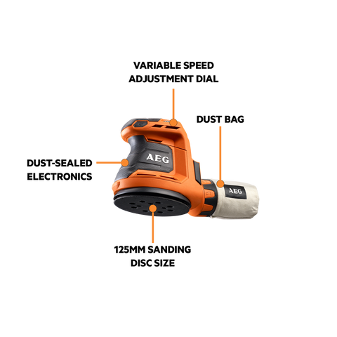 AEG 18V 125mm Random Orbital Sander BEX18-125-0 Cordless Skin Only, Variable Speed 11000RPM