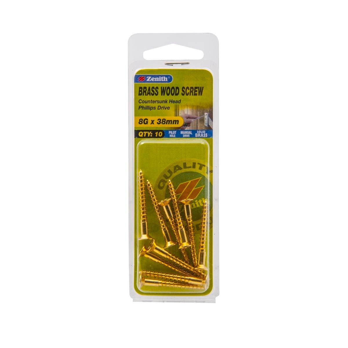 Zenith Wood Screws - 8g x 38mm Solid Brass - Countersunk Head - 10 Pack - SuperSaverAU - view 1