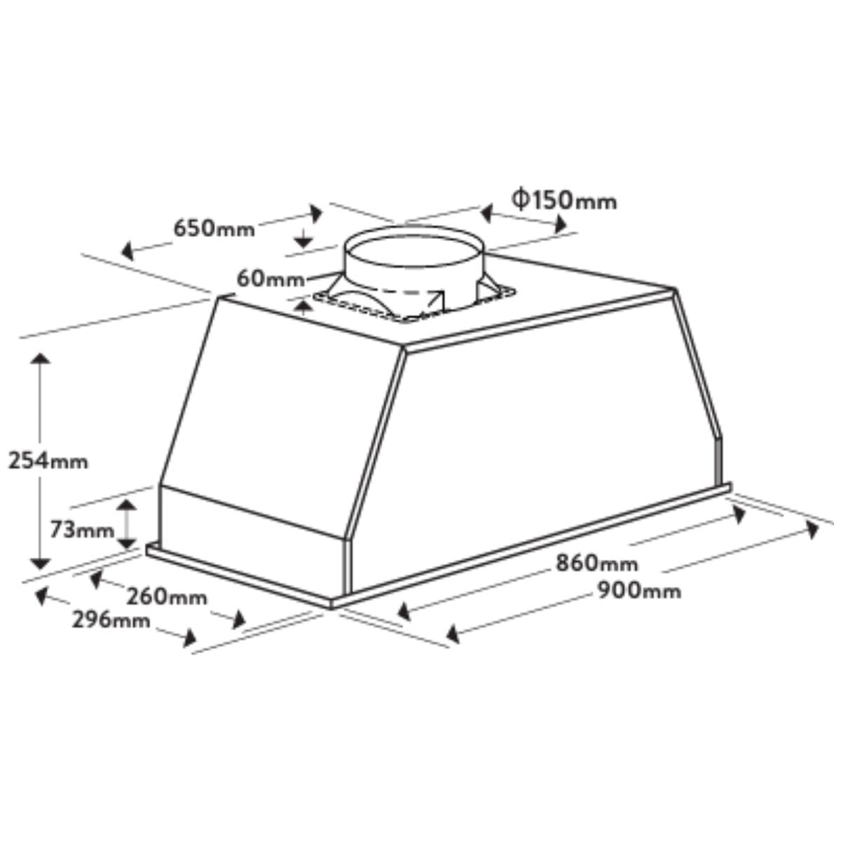 Omega 90cm Undermount Rangehood - Matt Black - Dual 3W LED - Slider Switch Controls - ORU90MB