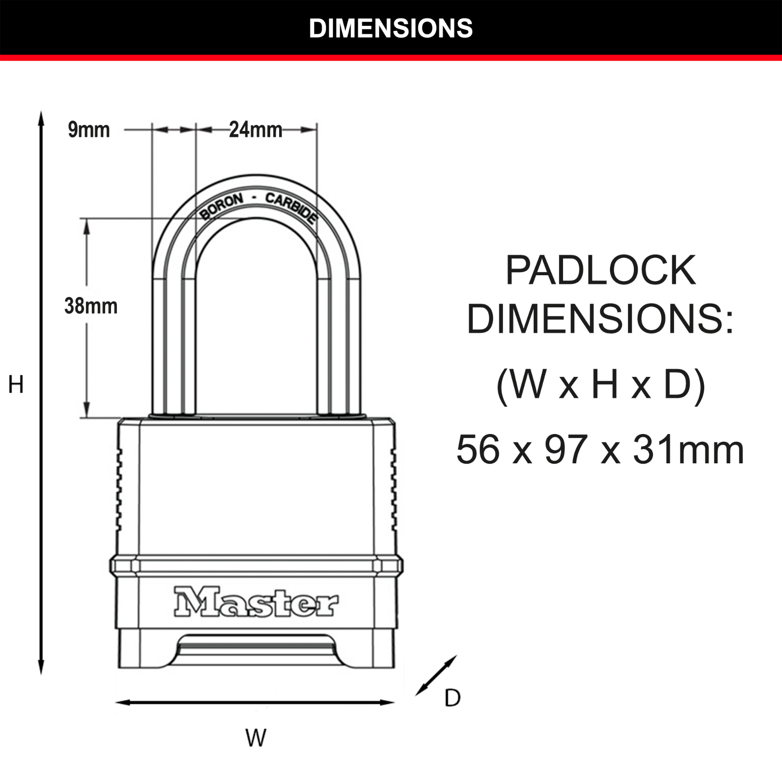 Master Lock 56mm Excell Reset Combo Padlock 38mm Boron-Carbide Shackle