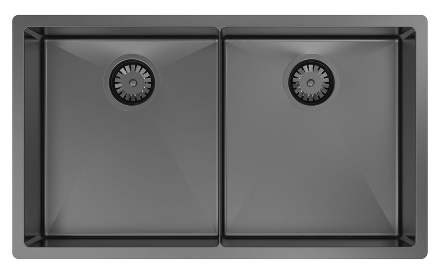 Abey Piazza double bowl sink - Black Pearl stainless steel - drain tray and grid - CR340DB