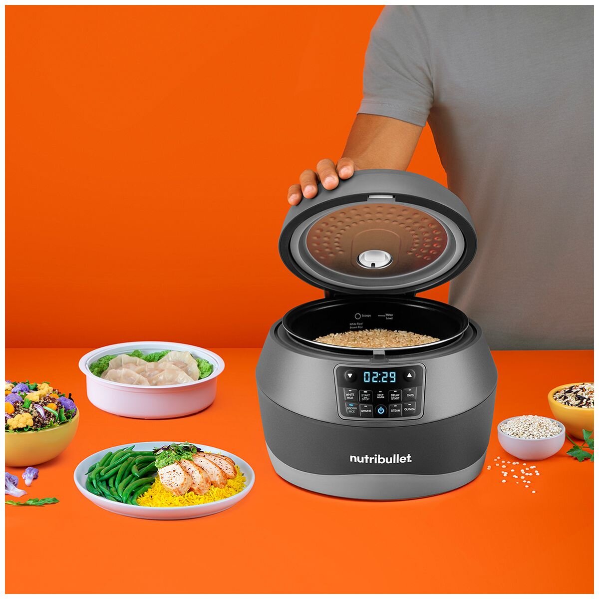 NutriBullet EveryGrain Cooker - 10 cup bowl, 5 grain cooking modes, delay start, dark grey - NBG07100