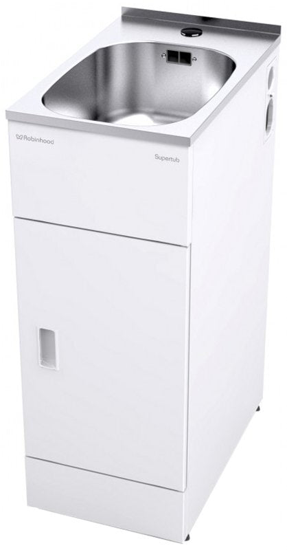 Robinhood laundry tub with white cabinet - Seamless stainless steel bowl, S trap, overflow - STSLIM1A
