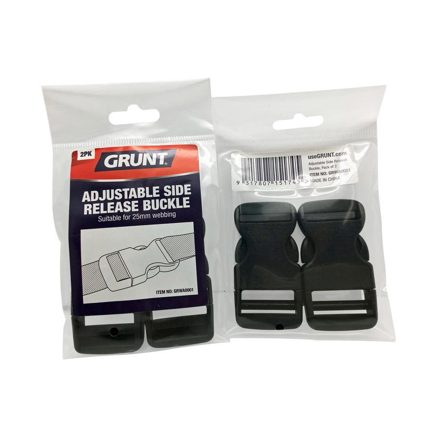 Grunt 25mm Black POM Adjustable Release Webbing Buckle - 2 Pack