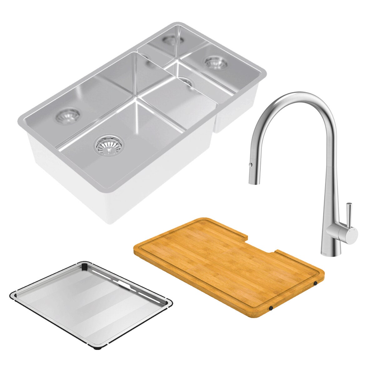 Abey Lucia 221 Sink and Tap Pack - 1 and 3/4 Bowl, 53L Total, Pull Out Mixer Tap - LUA221T14