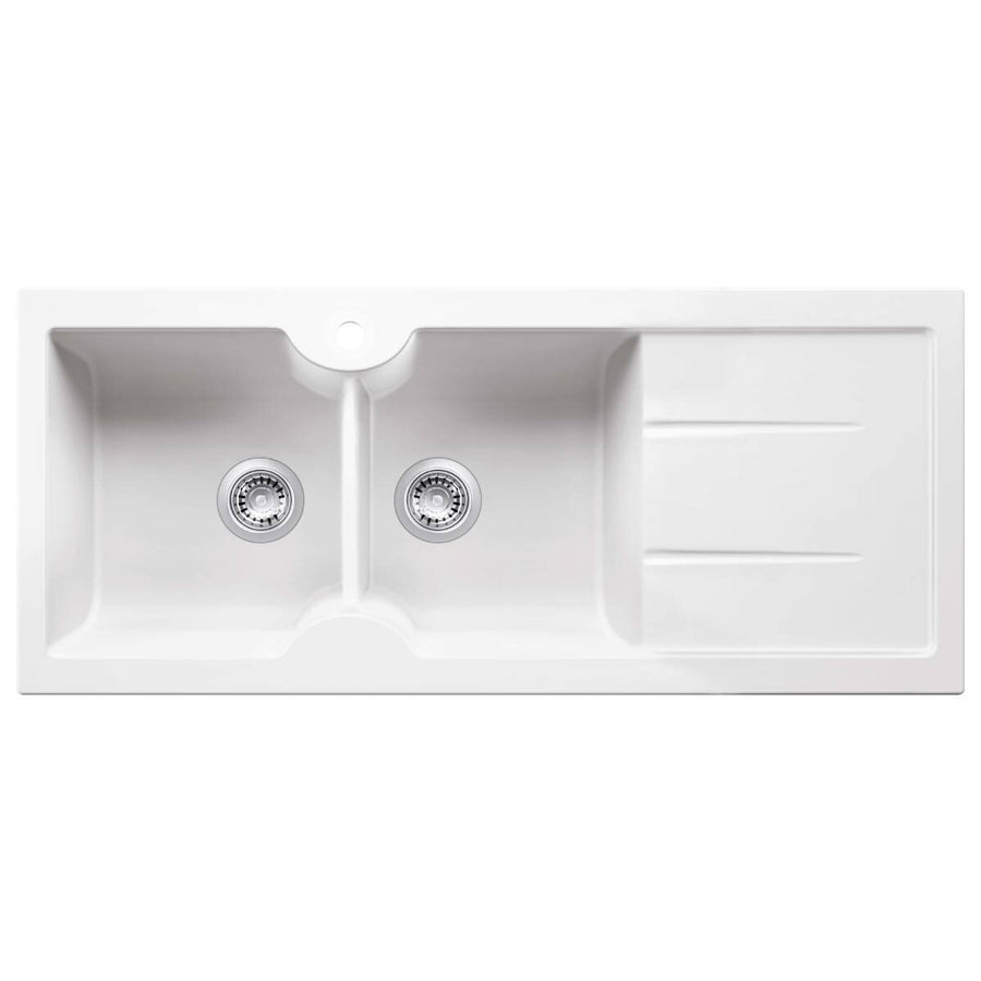 Turner Hastings Cuisine Double Bowl Fireclay Sink - Right Hand Drainer, Gloss White - CUD116FS-RHD