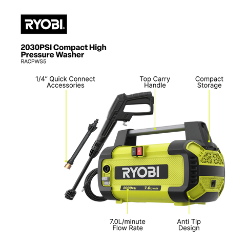 Ryobi 2030 PSI Compact High Pressure Washer - 6.4 kg - Lightweight & Versatile - SuperSaverAU - view 2