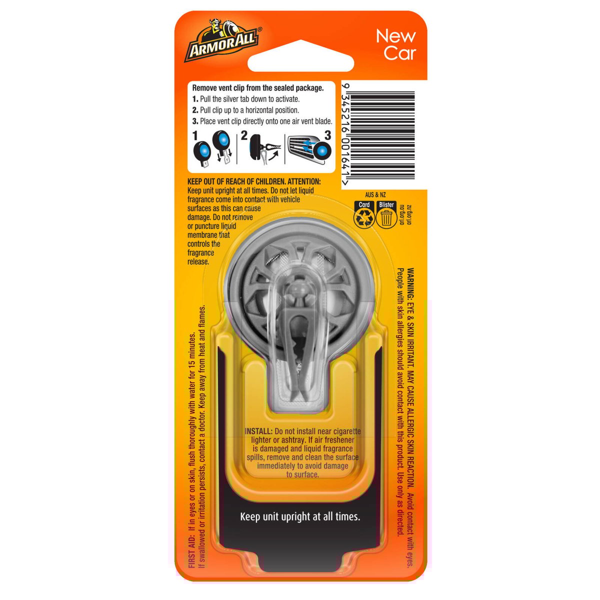 ArmorAll Membrane Clip Car Air Freshener New Car - 1 Pack - 76.2mm x 191mm - Odour Elimination