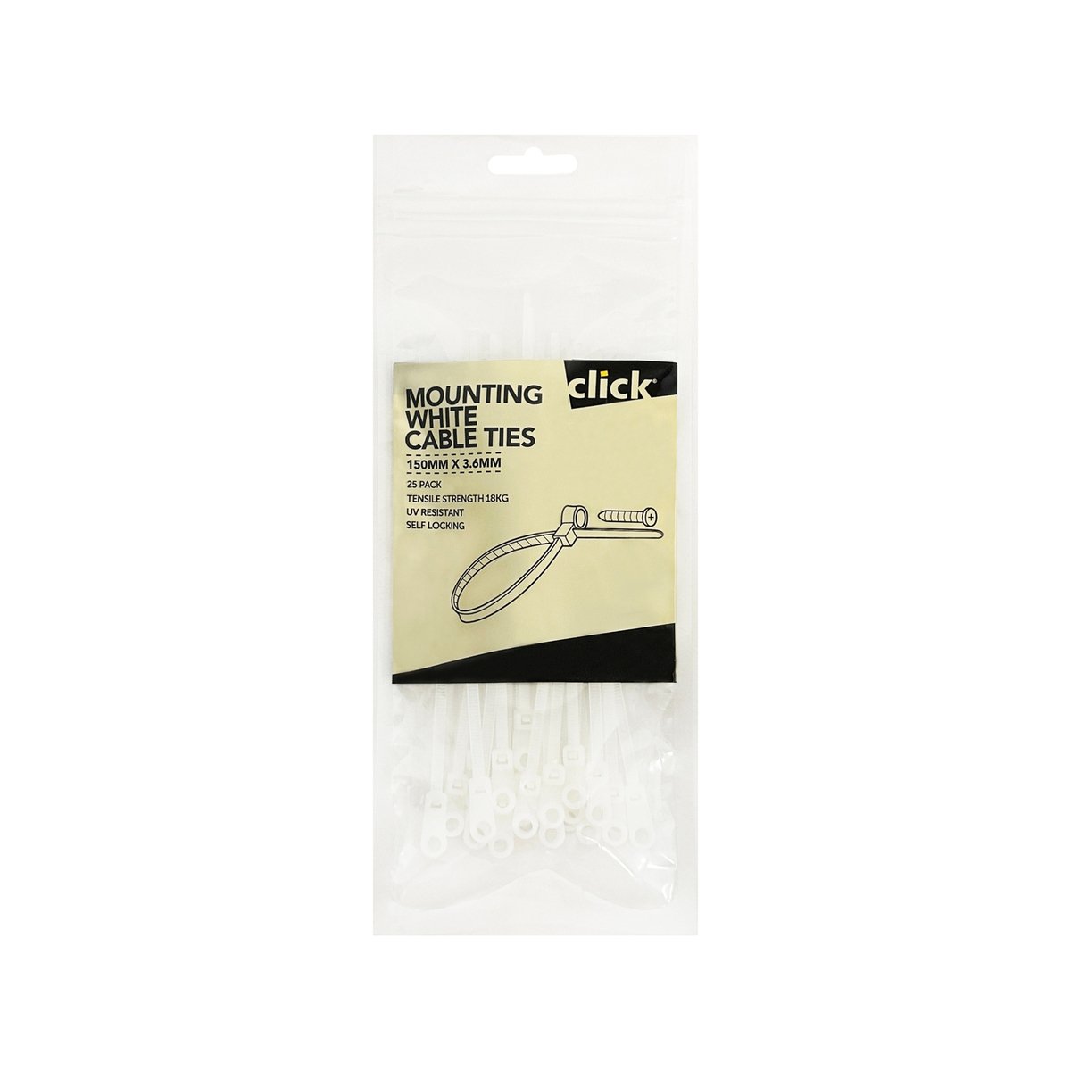 Click Mounting Cable Tie - 150mm - Nylon - UV Resistant - 25 Pack - SuperSaverAU - view 1