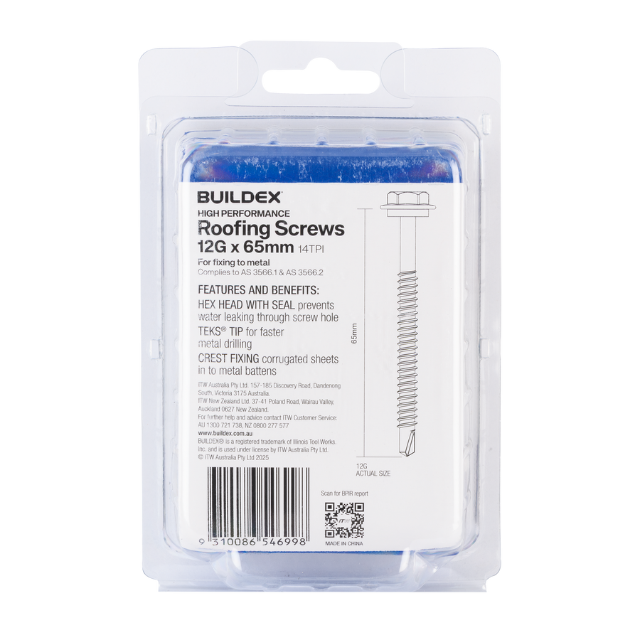 Buildex 12G x 65mm Class 3 Roofing TEKS Screws with Seal, Hex Head - 50 Pack