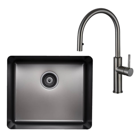 Titan Essentials 520mm Single Bowl Sink and Pull Out Gooseneck Mixer Tap Package - Gunmetal - TSGMPK522