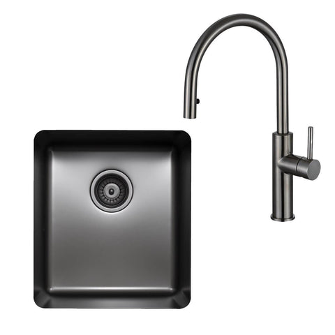 Titan Essentials 405mm Single Bowl Sink and Pull Out Gooseneck Mixer Tap Package - Gunmetal - TSGMPK402