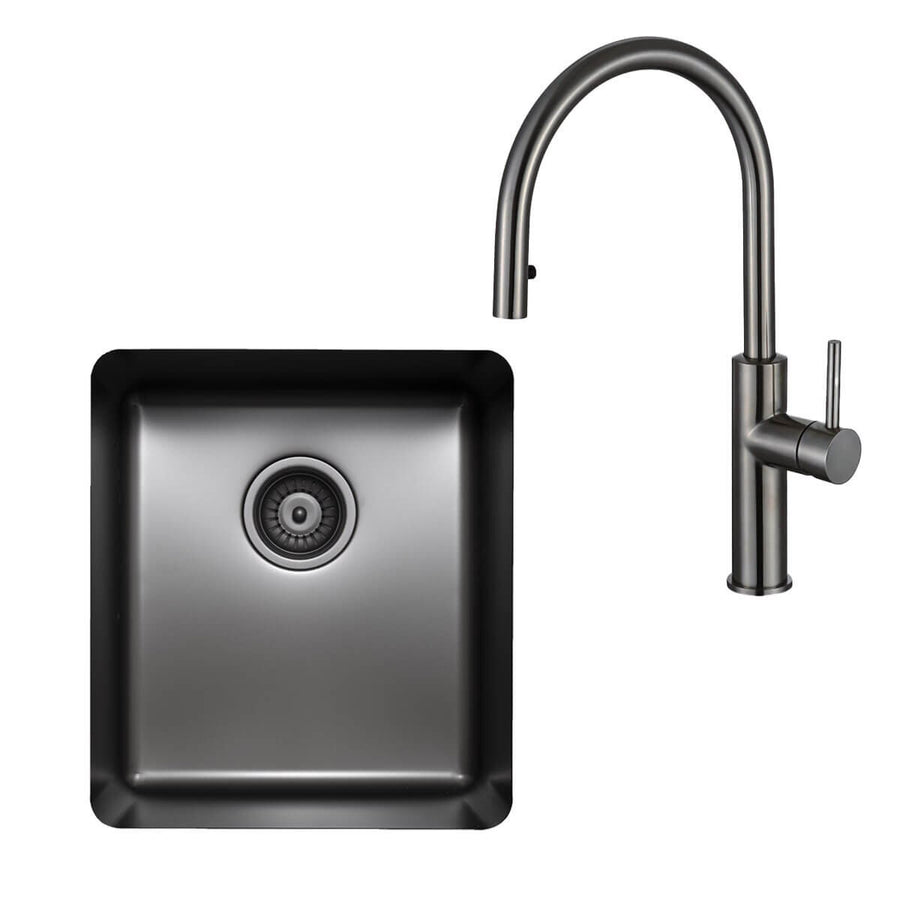 Titan Essentials 405mm Single Bowl Sink and Pull Out Gooseneck Mixer Tap Package - Gunmetal - TSGMPK402