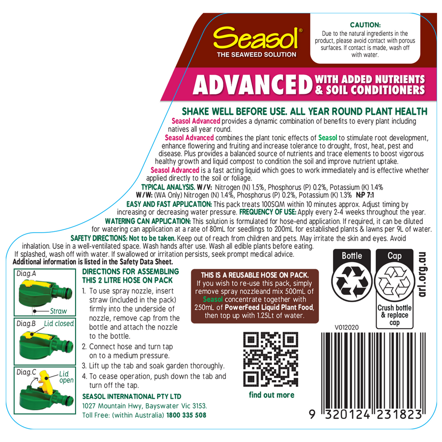 Seasol Advanced Health Tonic Hose-On Twin Pack 2 x 2L, Safe for Vegetables