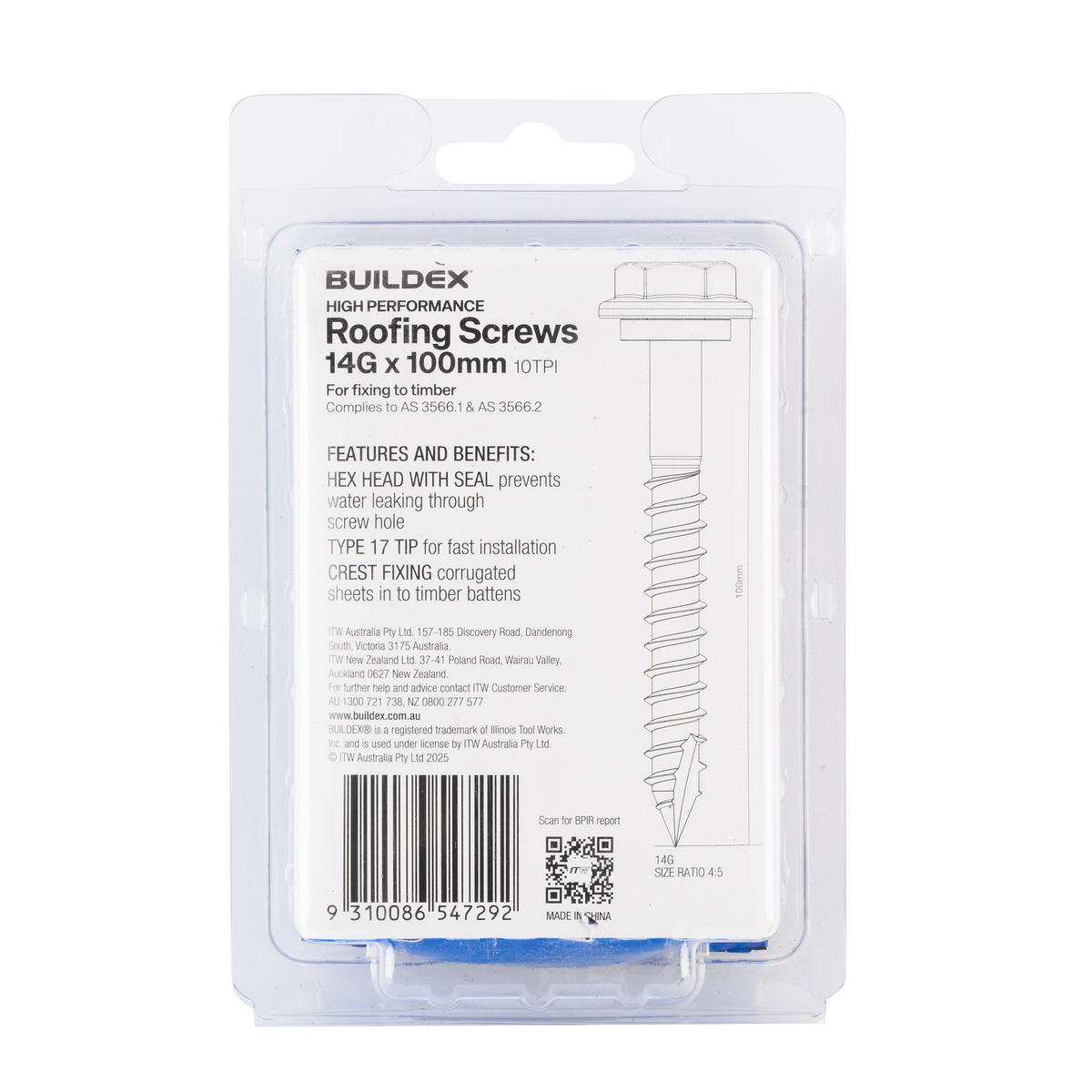 Buildex 14G x 100mm Class 3 Hex Head Roofing Screws with Seal, 25 Pack