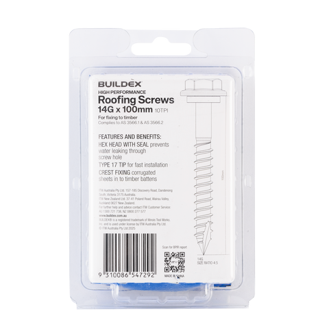 Buildex 14G x 100mm Class 3 Hex Head Roofing Screws with Seal, 25 Pack